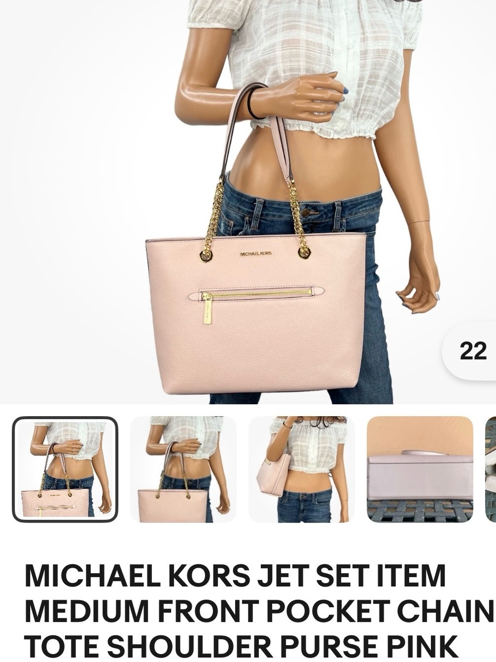 Michael Kors Pale Pink Pebbled Leather Tote with Gold Chain Detail - Picture 6 of 7